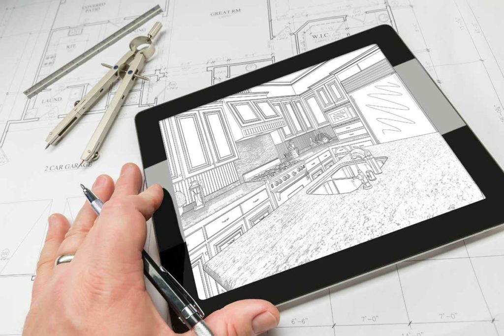 Architectural drawing and floor plans for kitchen remodel