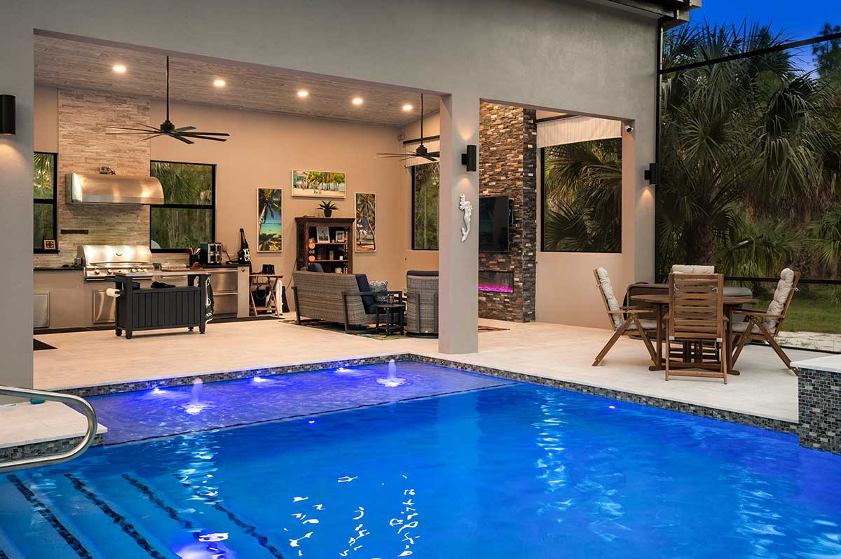 Outdoor-Living-Design-Cabana-Pool-At-Night-2-Naples-FL Cabana and Casita at Night