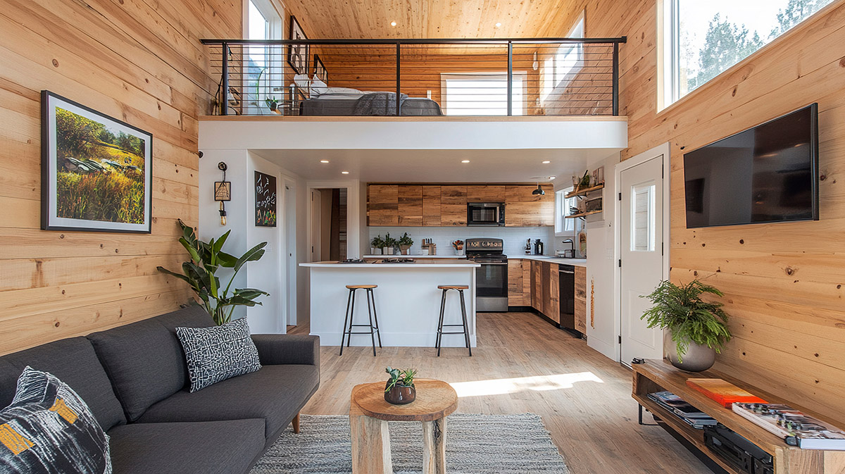 A minimalist ADU designed as a tiny home, featuring clean archit